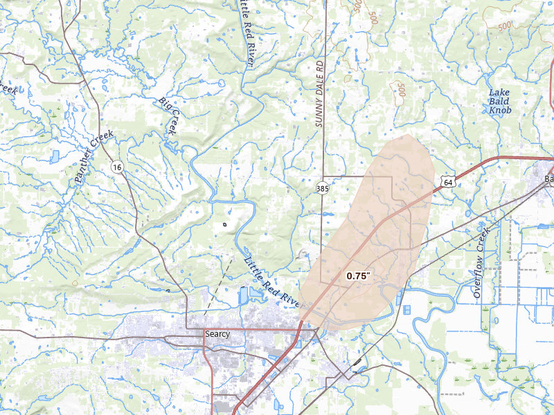 Radar-estimated hail-size map of the storm over Judsonia, AR on Jul 4, 2026