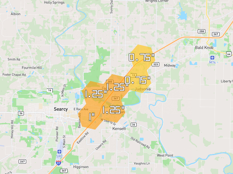 Hail map of Judsonia, AR on Jul 4, 2026, hail up to 1.25"
