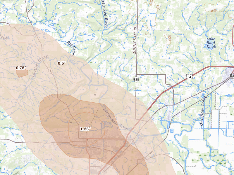 Radar-estimated hail-size map of the storm over Judsonia, AR on Aug 22, 2026