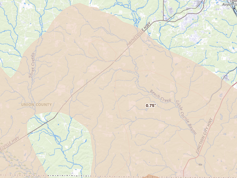Radar-estimated hail-size map of the storm over Junction City, AR on Apr 25, 2026