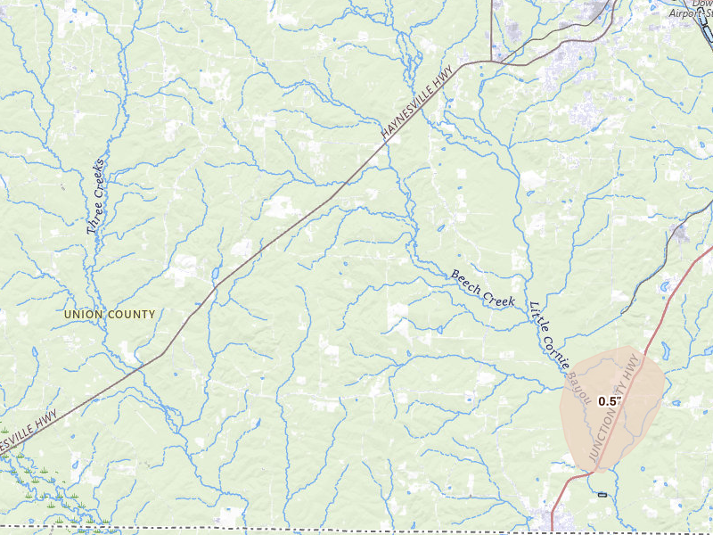 Radar-estimated hail-size map of the storm over Junction City, AR on Jun 1, 2026