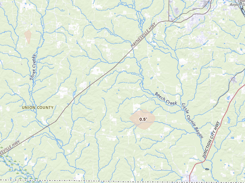 Radar-estimated hail-size map of the storm over Junction City, AR on Jun 19, 2026