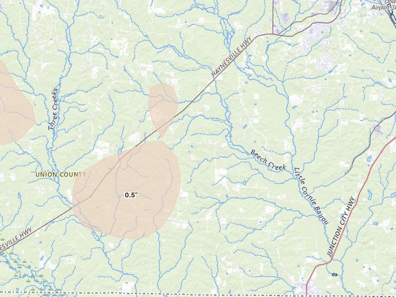 Radar-estimated hail-size map of the storm over Junction City, AR on Jul 4, 2026
