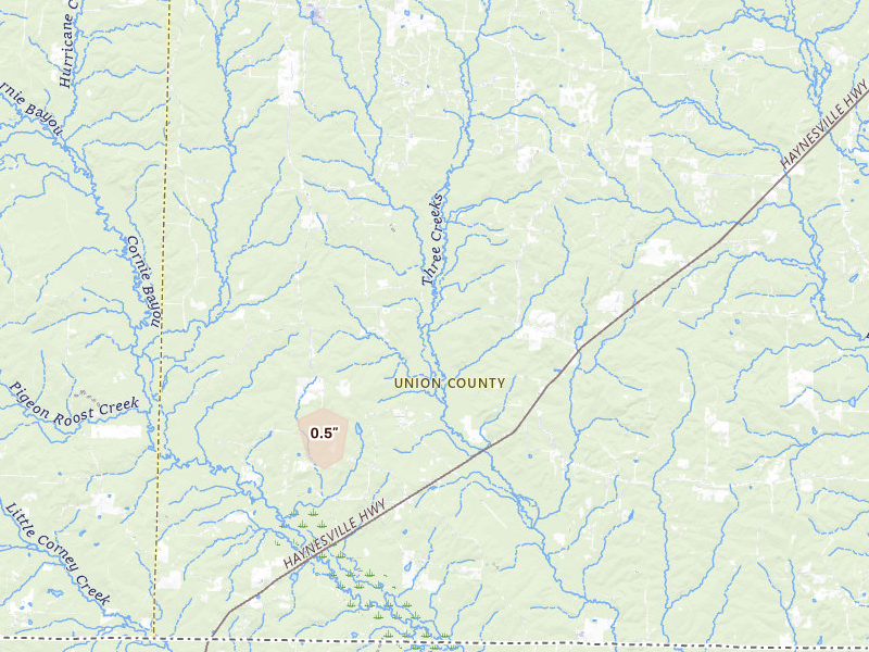 Radar-estimated hail-size map of the storm over Junction City, AR on Aug 8, 2026