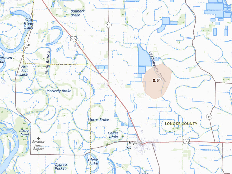 Radar-estimated hail-size map of the storm over Keo, AR on Aug 7, 2026