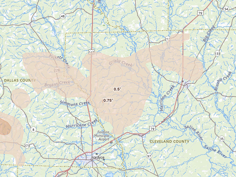 Radar-estimated hail-size map of the storm over Kingsland, AR on Jul 8, 2026