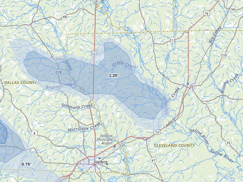 NEXRAD radar-signature map of the hail over Kingsland, AR