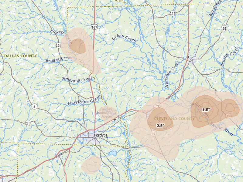 Radar-estimated hail-size map of the storm over Kingsland, AR on Aug 7, 2026