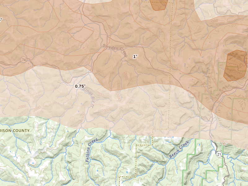 Radar-estimated hail-size map of the storm over Kingston, AR on Apr 28, 2026