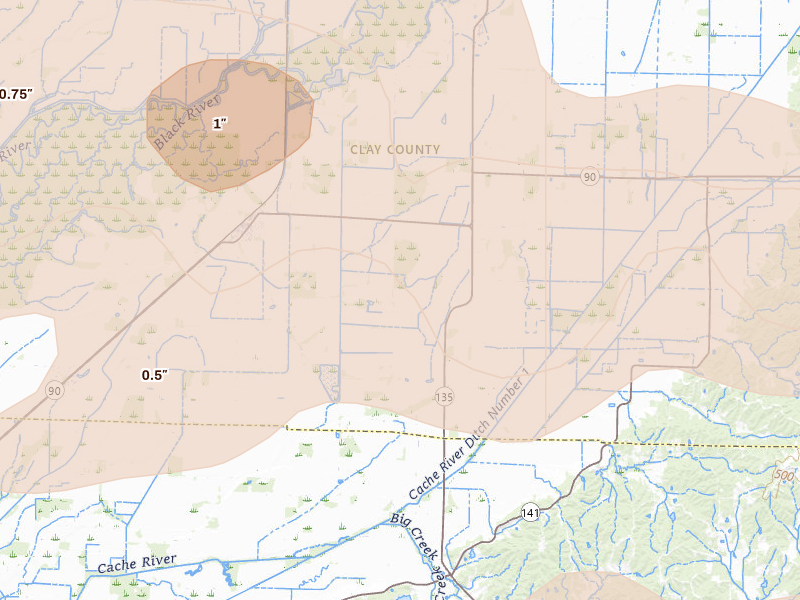 Radar-estimated hail-size map of the storm over Knobel, AR on Apr 27, 2026