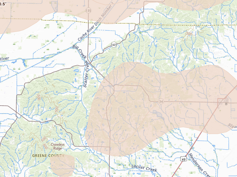 Radar-estimated hail-size map of the storm over Lafe, AR on Apr 27, 2026