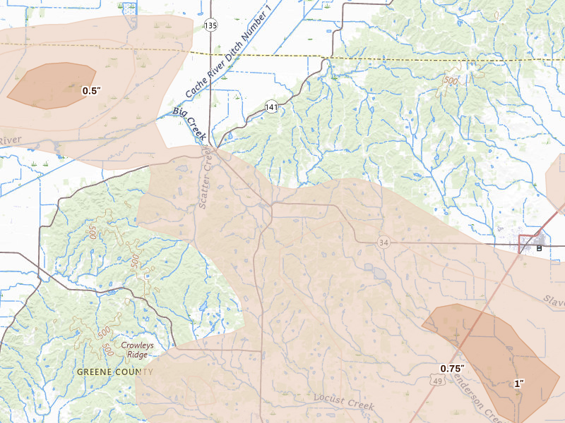 Radar-estimated hail-size map of the storm over Lafe, AR