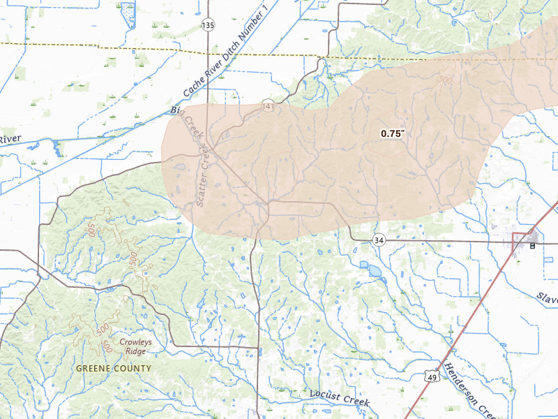 Radar-estimated hail-size map of the storm over Lafe, AR on Aug 19, 2026