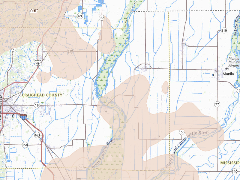 Radar-estimated hail-size map of the storm over Lake City, AR on Apr 27, 2026
