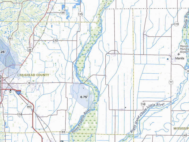 NEXRAD radar-signature map of the hail over Lake City, AR