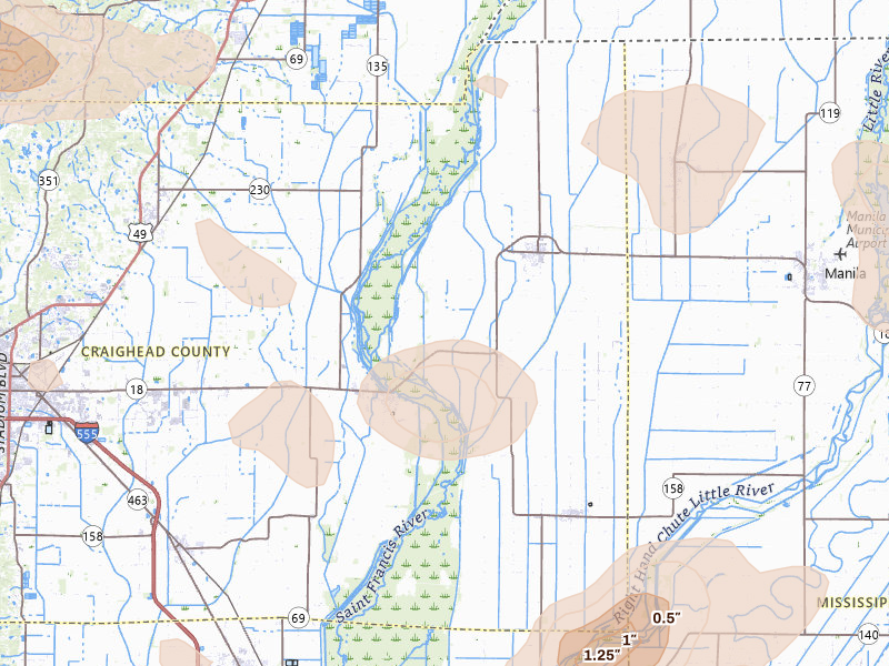 Radar-estimated hail-size map of the storm over Lake City, AR on Jul 11, 2026