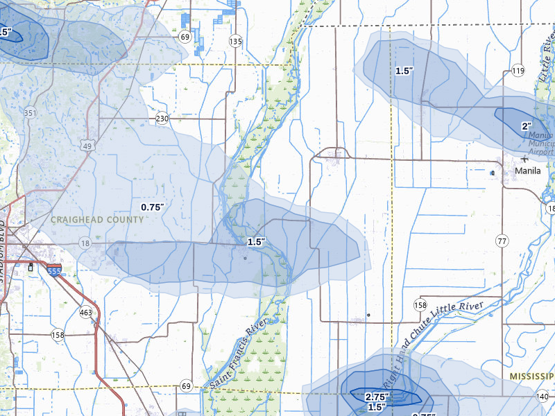 NEXRAD radar-signature map of the hail over Lake City, AR