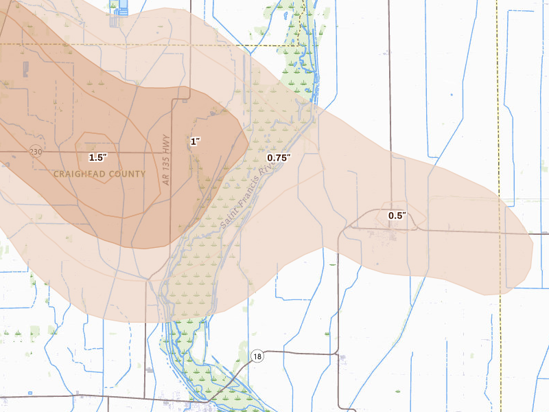 Radar-estimated hail-size map of the storm over Lake City, AR on Aug 22, 2026