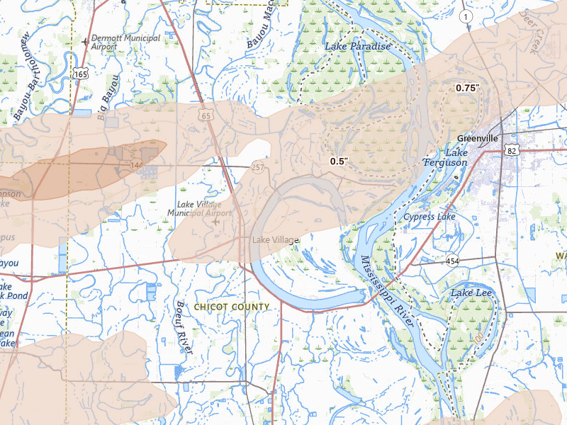 Radar-estimated hail-size map of the storm over Lake Village, AR on Mar 15, 2026