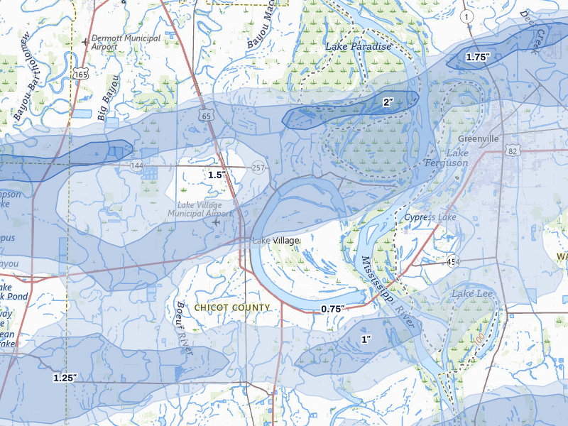 NEXRAD radar-signature map of the hail over Lake Village, AR