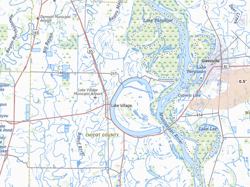 Radar-estimated hail-size map of the storm over Lake Village, AR on Apr 24, 2026