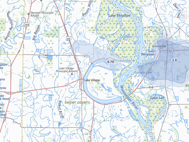 NEXRAD radar-signature map of the hail over Lake Village, AR