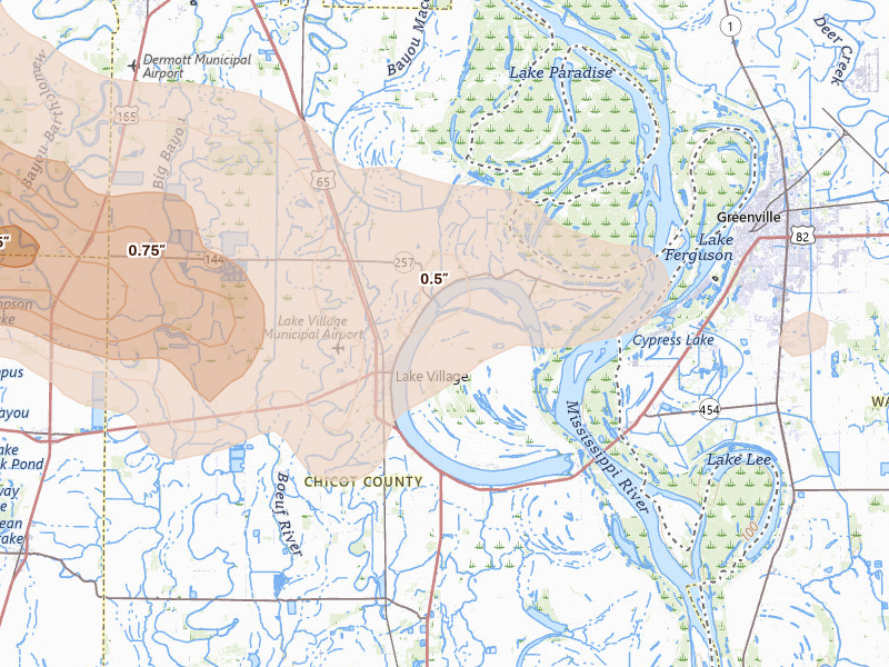 Radar-estimated hail-size map of the storm over Lake Village, AR on Apr 28, 2026