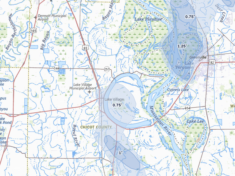 NEXRAD radar-signature map of the hail storm over Lake Village, AR on Jun 1, 2026