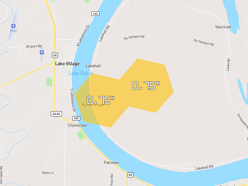 Hail map of Lake Village, AR on Jun 1, 2026, hail up to 0.75"