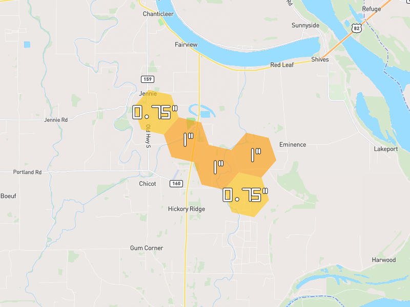 Hail map of Lake Village, AR on Jun 2, 2026, hail up to 1"