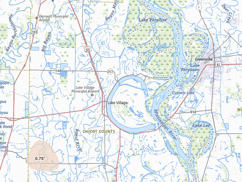 Radar-estimated hail-size map of the storm over Lake Village, AR on Jun 8, 2026