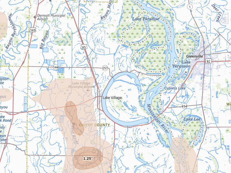 Radar-estimated hail-size map of the storm over Lake Village, AR on Jul 8, 2026