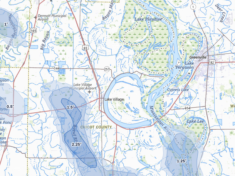 NEXRAD radar-signature map of the hail storm over Lake Village, AR on Jul 8, 2026