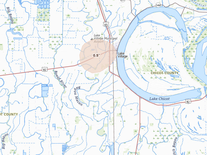 Radar-estimated hail-size map of the storm over Lake Village, AR on Jul 14, 2026