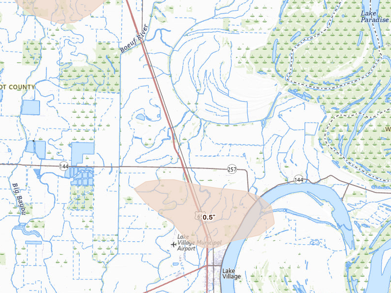 Radar-estimated hail-size map of the storm over Lake Village, AR on Aug 20, 2026