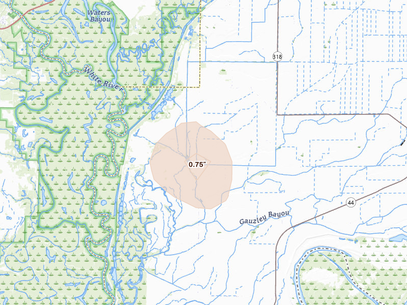 Radar-estimated hail-size map of the storm over Lambrook, AR on Jul 29, 2026