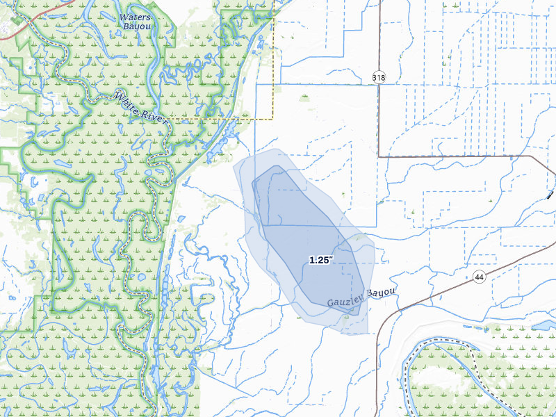 NEXRAD radar-signature map of the hail storm over Lambrook, AR on Jul 29, 2026