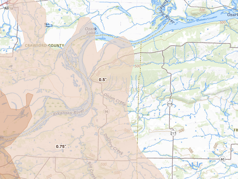Radar-estimated hail-size map of the storm over Lavaca, AR on May 8, 2026