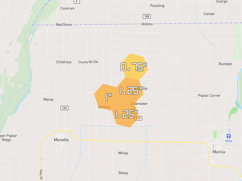 Hail map of Leachville, AR on Jul 4, 2026, hail up to 1.25"