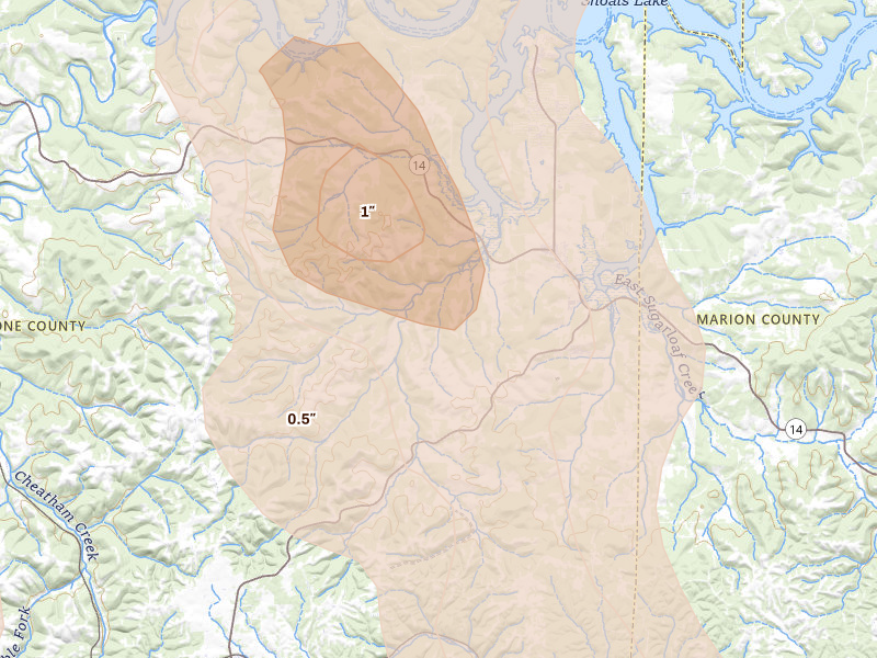 Radar-estimated hail-size map of the storm over Lead Hill, AR on Jun 1, 2026