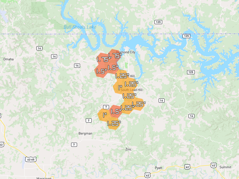 Hail map of Lead Hill, AR on Jun 1, 2026, hail up to 1.75"