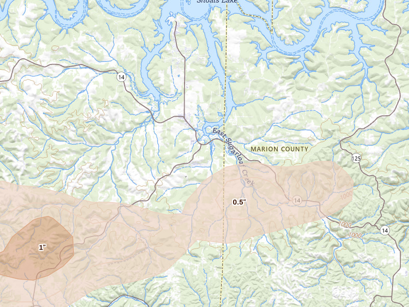 Radar-estimated hail-size map of the storm over Lead Hill, AR on Aug 7, 2026