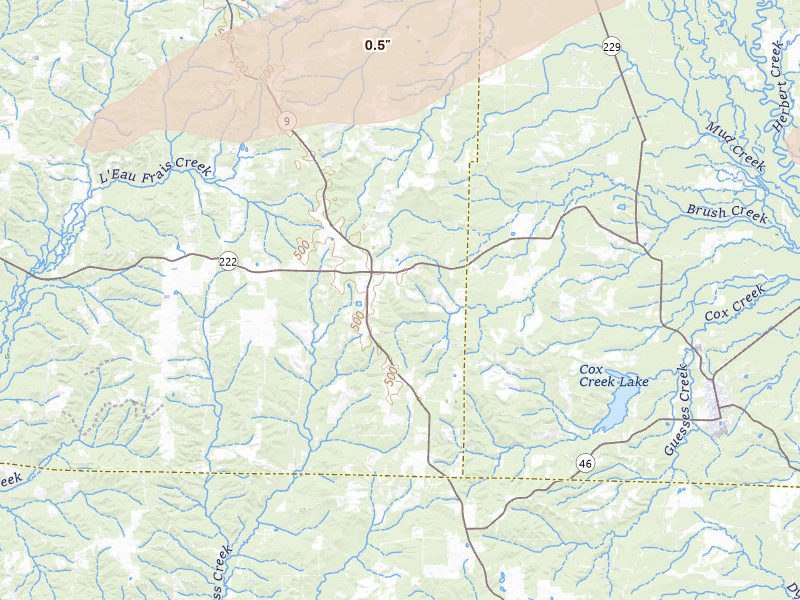 Radar-estimated hail-size map of the storm over Leola, AR on Apr 28, 2026