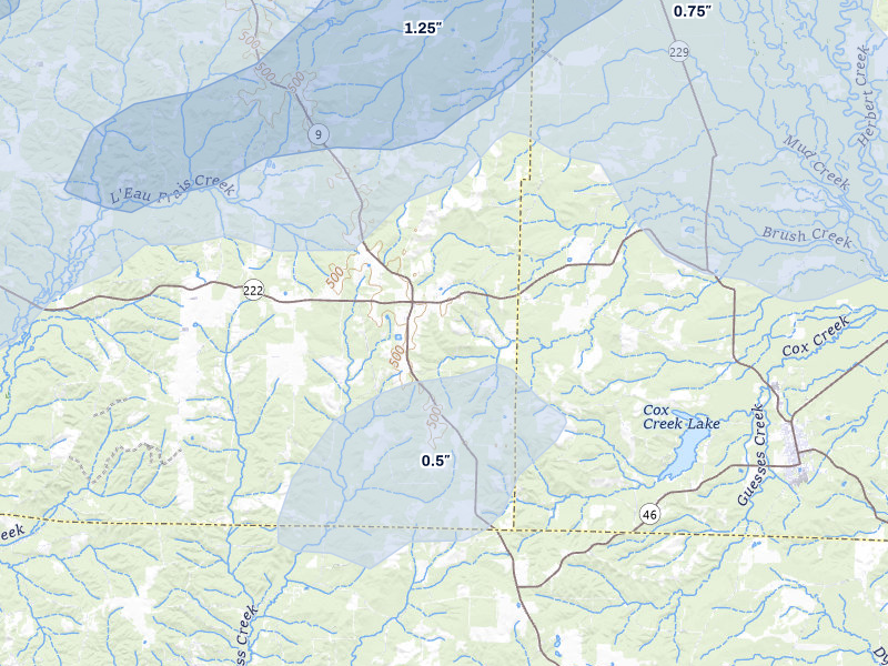 NEXRAD radar-signature map of the hail storm over Leola, AR on Apr 28, 2026