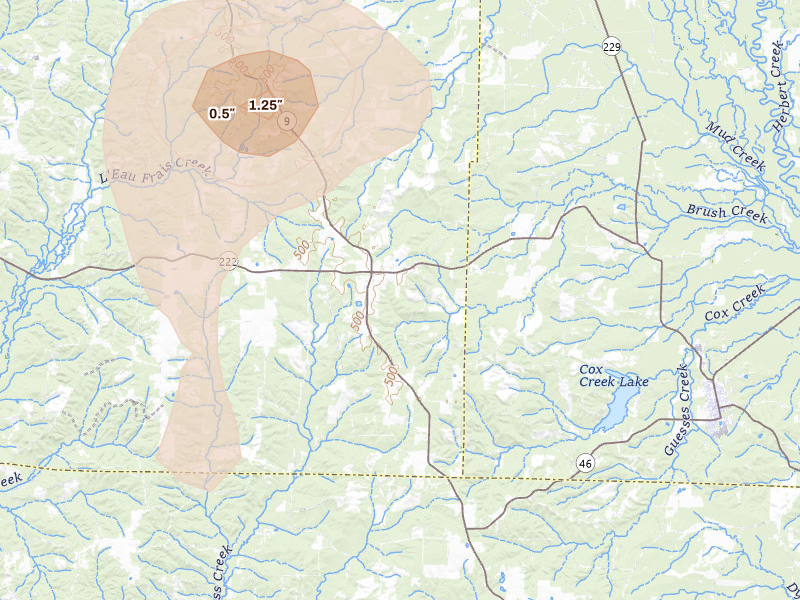 Radar-estimated hail-size map of the storm over Leola, AR on Jul 4, 2026