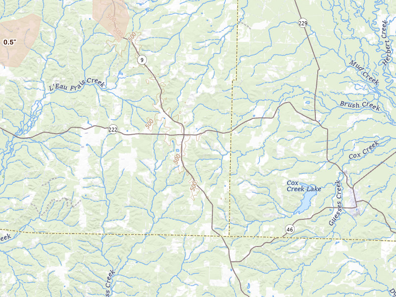 Radar-estimated hail-size map of the storm over Leola, AR on Jul 8, 2026