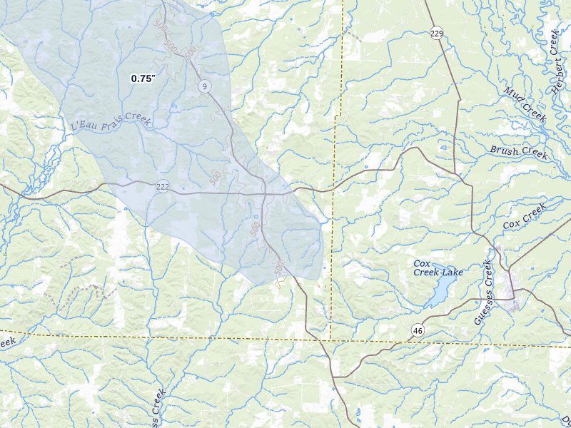 NEXRAD radar-signature map of the hail storm over Leola, AR on Jul 8, 2026