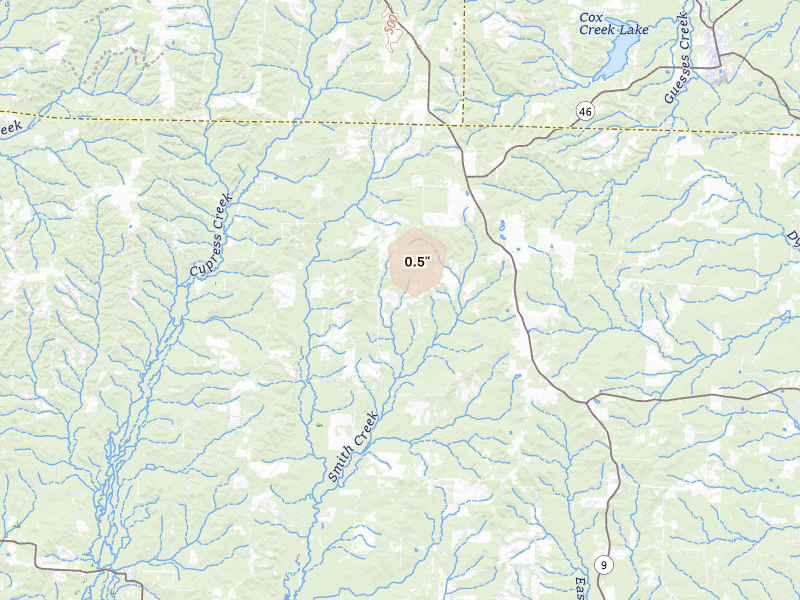 Radar-estimated hail-size map of the storm over Leola, AR on Aug 7, 2026