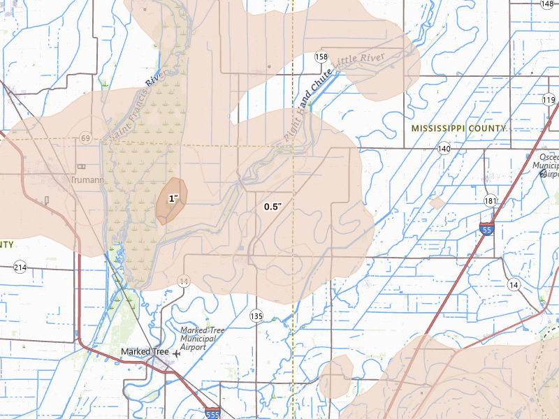 Radar-estimated hail-size map of the storm over Lepanto, AR on Apr 27, 2026