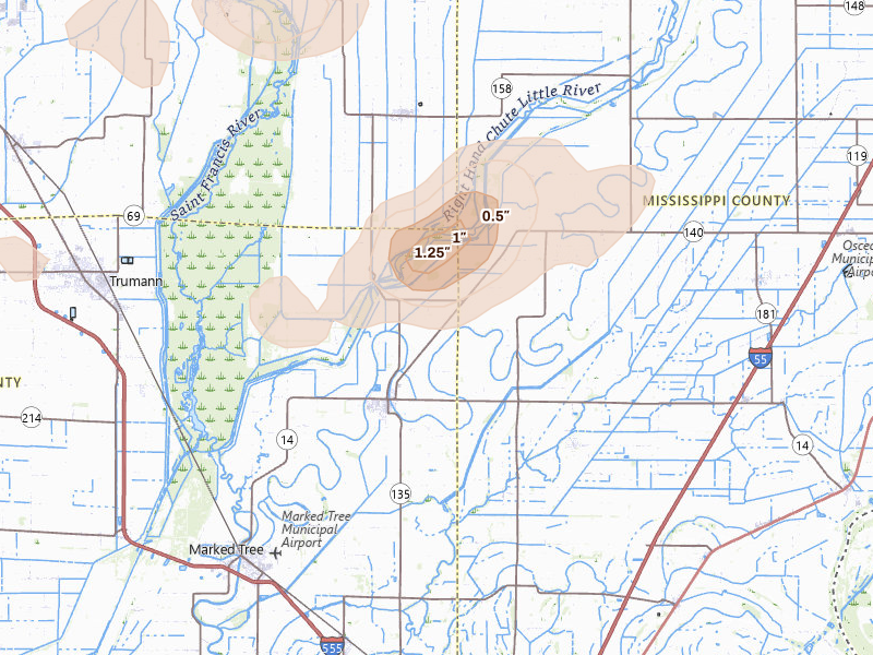 Radar-estimated hail-size map of the storm over Lepanto, AR on Jul 11, 2026